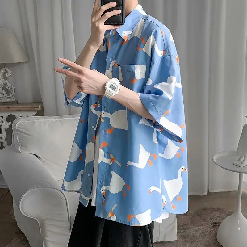 Retro Oil Painting Goose Print Men's Short Sleeve Thin Shirt Summer Fashion Casual Loose Square Neck Versatile Top