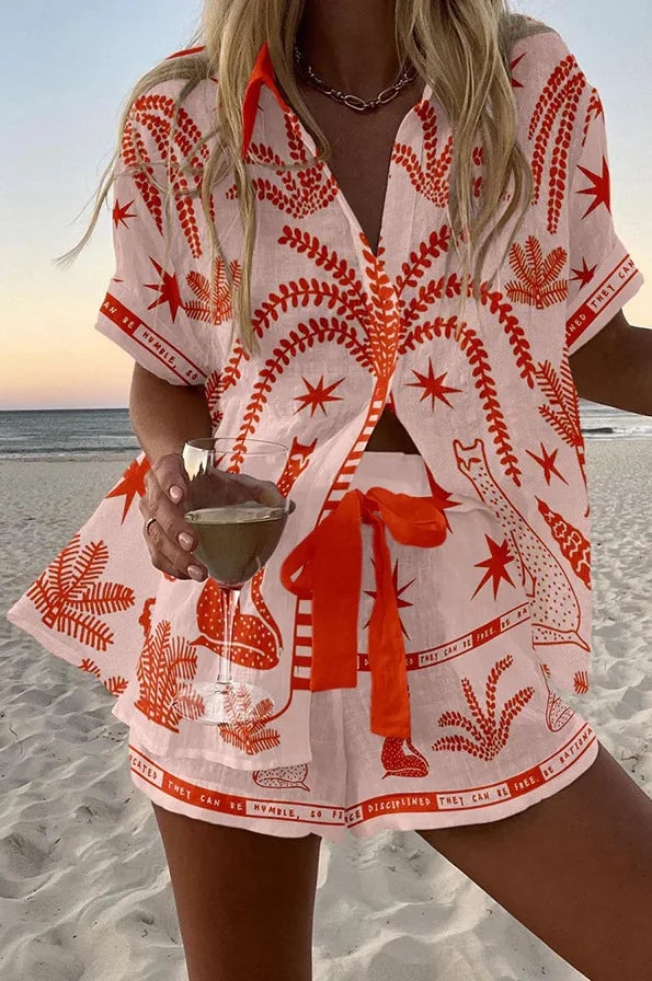 Summer New Print Beach Holiday Set For Women Fashion Short Sleeve Buttoned Shirt Wide Legs Shorts Oversized Two Piece Set