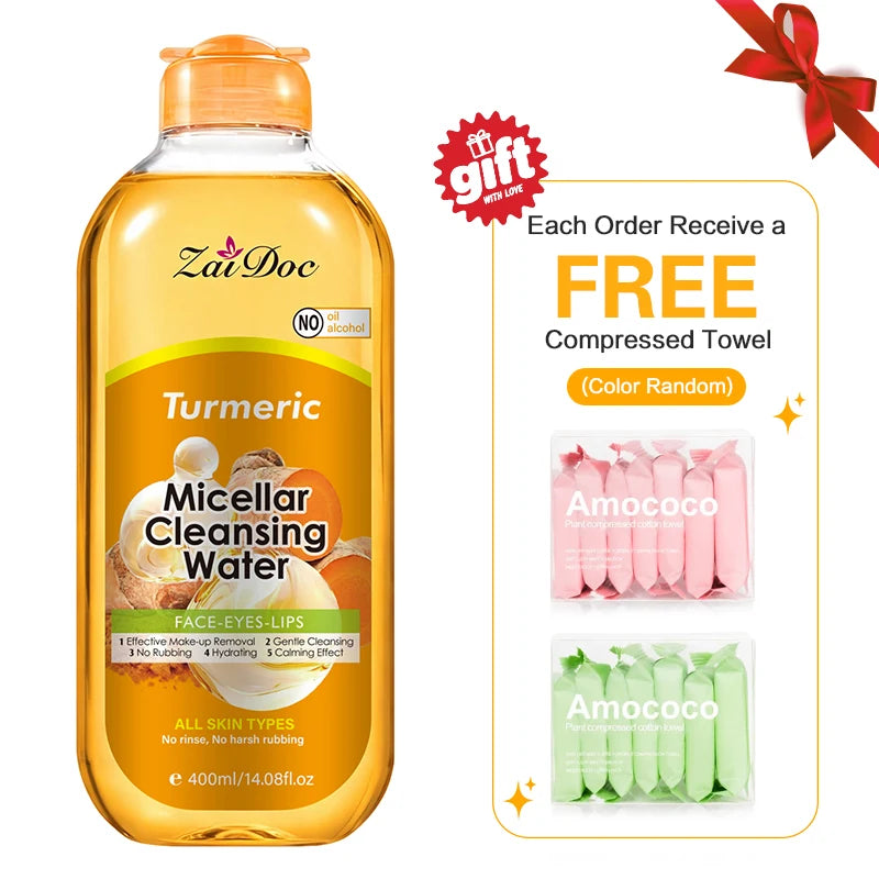 ZaiDoc Turmeric/Cherry Blossom Micellar Cleansing Water Makeup Remover No Rinse No Rubbing All Skin Types Face Eyes Lips 400ml Each