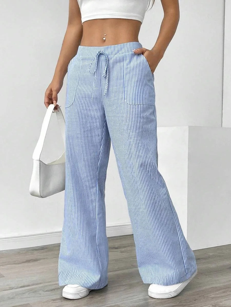 Summer Striped Wide Leg Pants Women High Waisted  Drawstring Loose Fit Slimming Casual Straight Leg Harem Pants Female Trousers