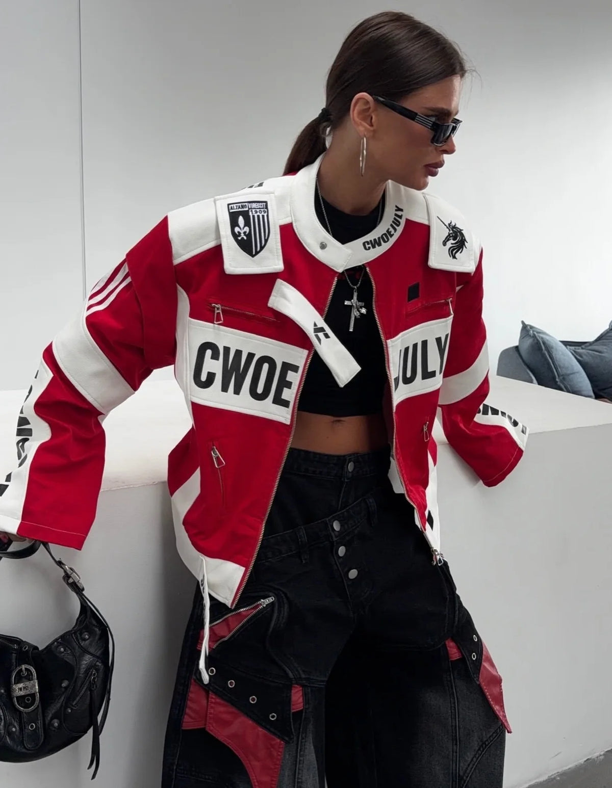 New Women Cropped Racing Jacket Red White Color Block Letter Print Zip Up Streetwear Moto Coat Women Hip Hop Daily Street Outfit