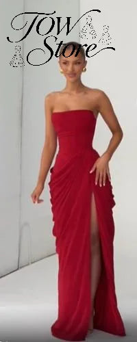 Women Sexy Solid Pleated Strapless Dress Lady Chic Off-shoulder Backless High Waist Split Dresses 2026 Summer Evening Party Gown