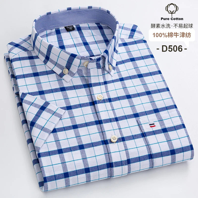 100%Pure Cotton Oxford Men's Shirts Short Sleeve Plaid Soft Regular Fit Formal Dress Shirt Social Blouse Male Clothes 6XL 7XL