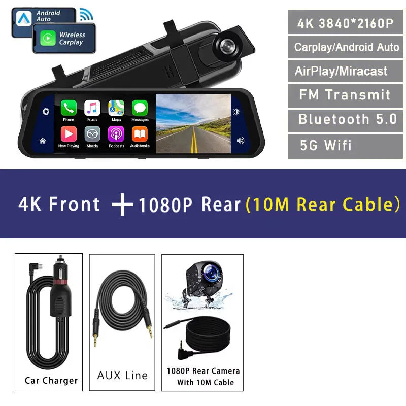 4K Dual-Lens Dash Cam with GPS, Wi-Fi & CarPlay