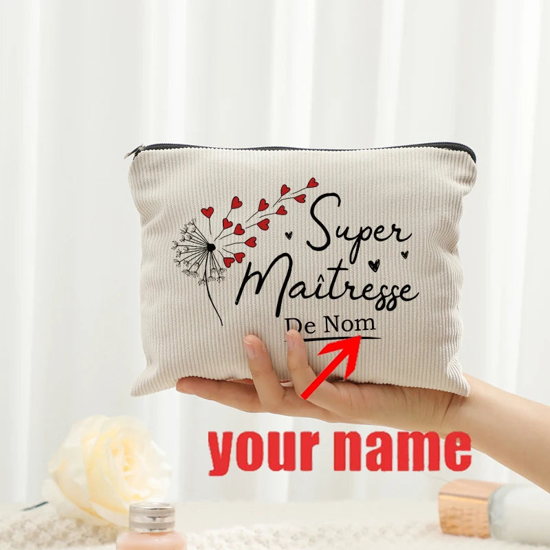 Personalized Floral Maitresse Appreciation Cosmetic Bag Custom Name Toiletry Case Gift for Educators End of School Year Present