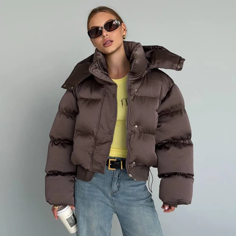 Casual Women's Puffy Cotton Coats Detachable Hood Drawstring Stand Collar Zipper Full Sleeve Coat 2026 Autumn Winter Down Jacket