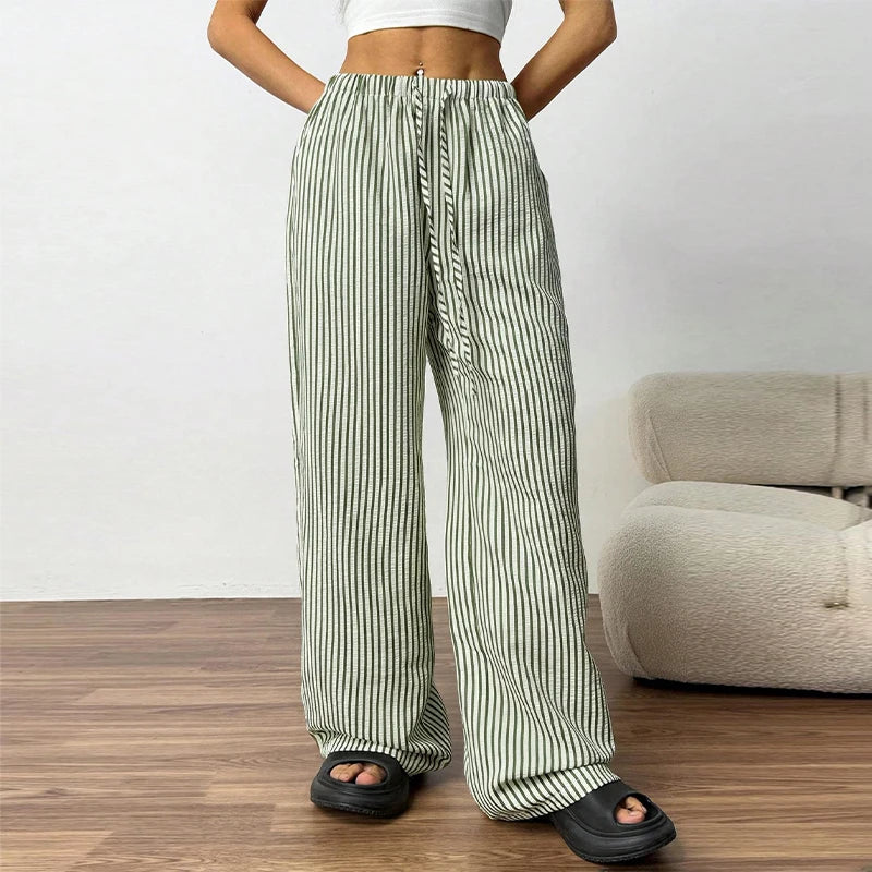 Stripe High-Waisted Wide Leg Trousers Straight Leg Linen Blend 2026 Spring Summer Chic Minimalist Streetwear Vacation Trouser