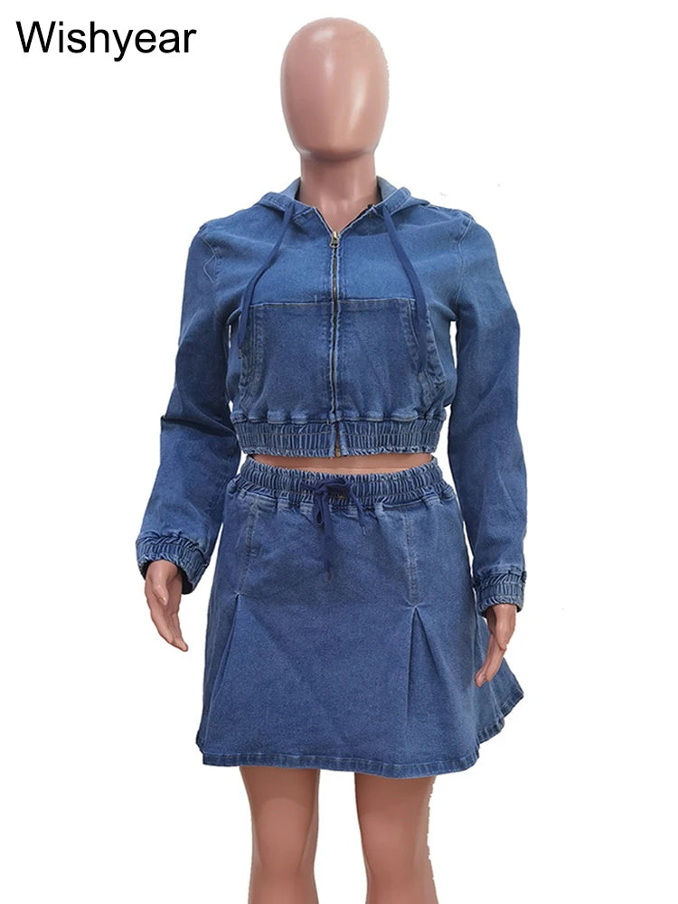 Vintage Wash Denim 2 Piece Sets Women Long Sleeve Hooded Crop Top and Pleated Skirts Suits Streetwear Matching Jeans Outfit 2025