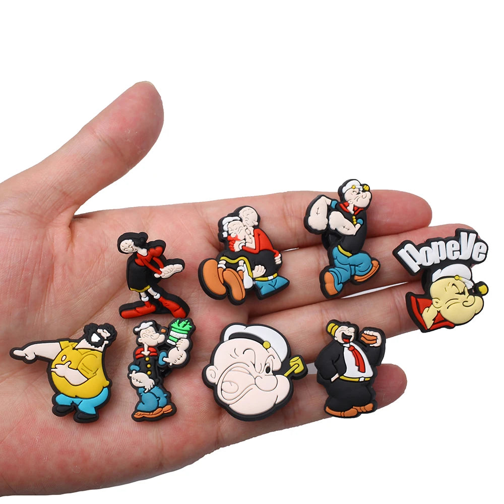 1-8pcs Hot toys Popeye PVC Cute Cartoon shoes Charms Accessories DIY Detachable Waterproof PVC Shoe Decorations for Party Gifts