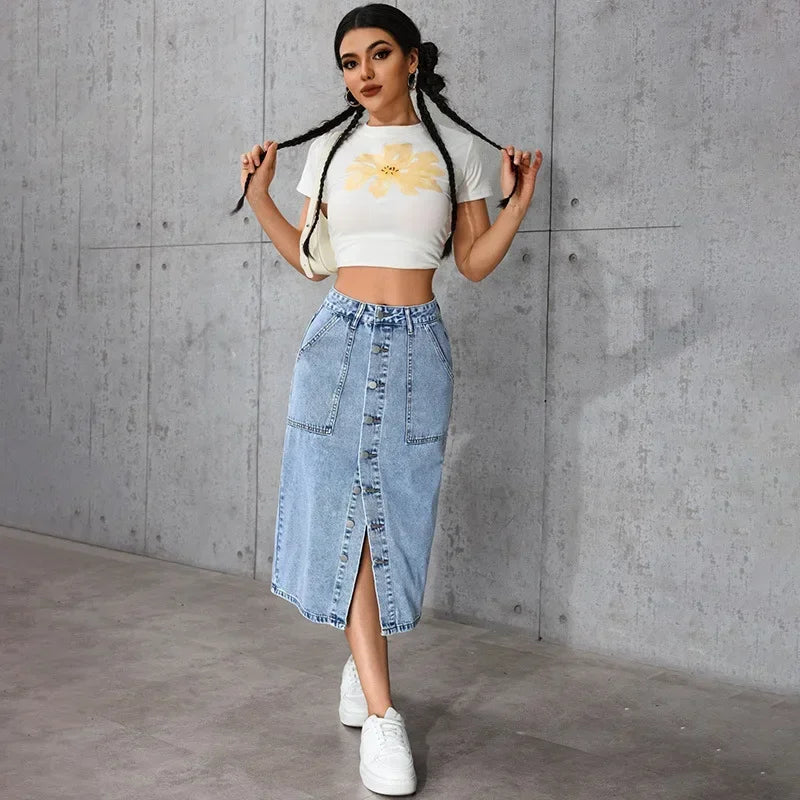 Women Waist Stretchy Denim Pencil Skirt, Midi Knee Length Slit Bodycon Flattering Casual Daily Streetwear Chic Ladies Midi Skirt