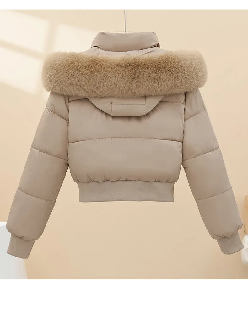 American Waistedn Big Fur Collar Hooded Short Cotton Coat for Women Winter New Fashionable Hat Detachable Casual Slimming Jacket