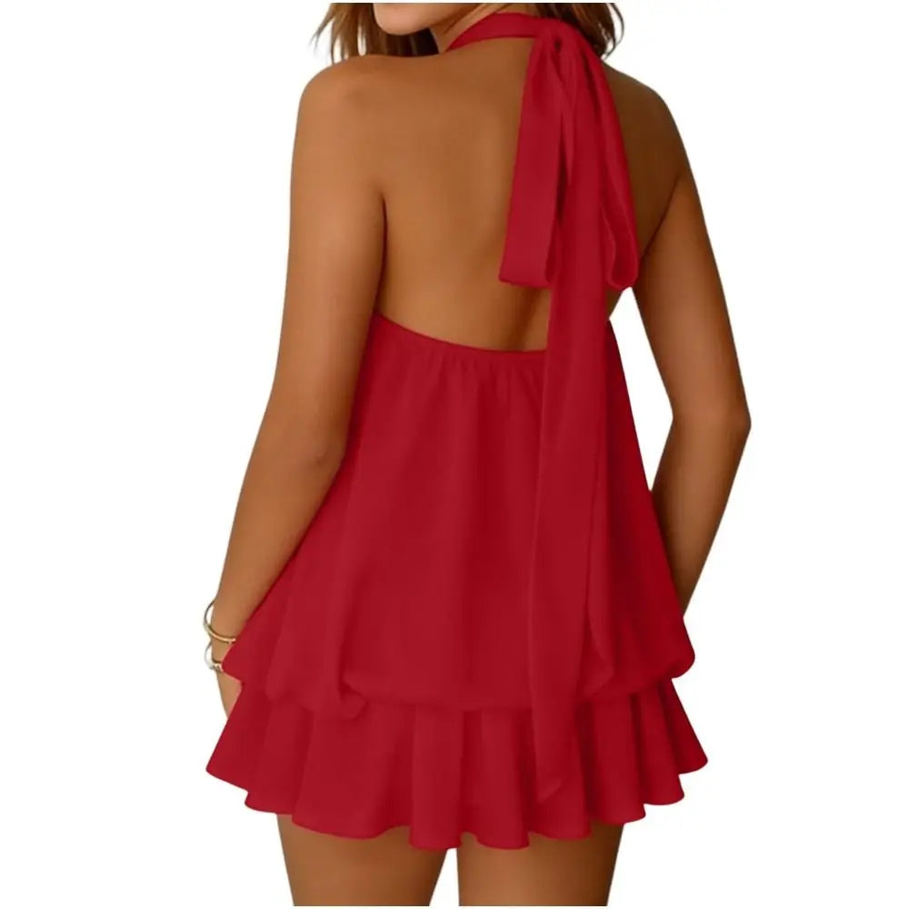 New Halter Tie Party Dress Backless Chiffon Going Out Dresses Sleeveless Ruffle Brunch Outfits for Women