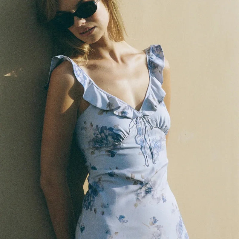 Cryptographic Summer Floral Print Plunge Maxi Dress Outfits Sexy Backless Fairy Sun Dresses Vacation Beachwear Vestido Coquette