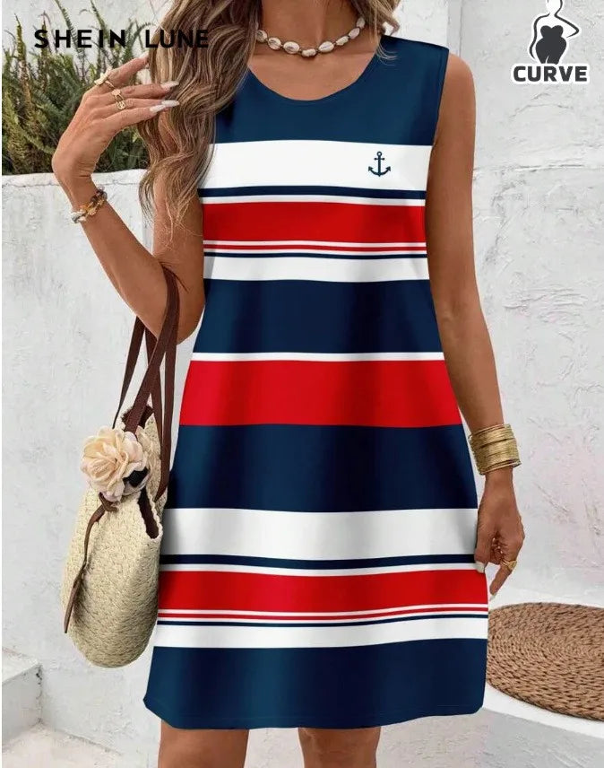 Women's Casual Summer Dress Sleeveless Loose Fit Round Neck Pullover Mid Length 3D Print for Women Beach Camping Hiking Outfit