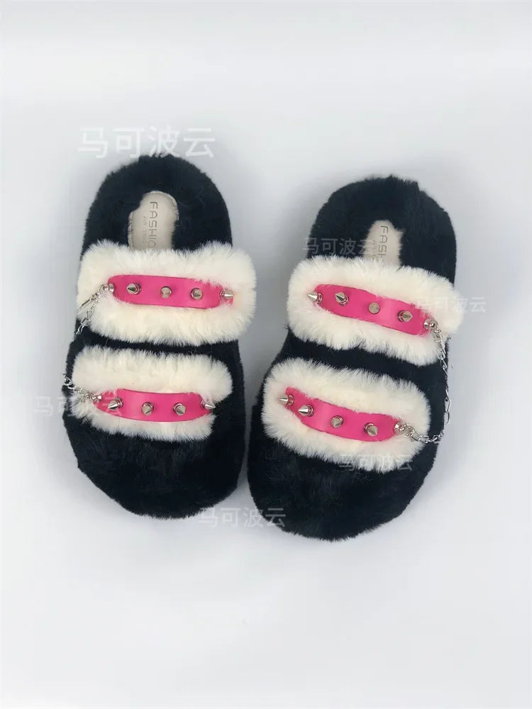 Y2K style winter outdoor shoes for women Faux fur warm slippers Fashion rivet Punk shoes