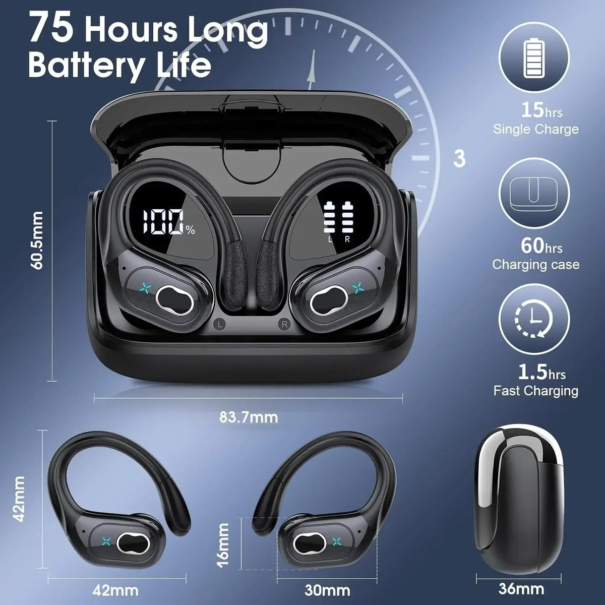 Bluetooth 6.0 Headphones HD65 Wireless Earbuds 75hrs Sport Bluetooth Earphone with Noise Cancelling Mic IPX7 Waterproof Headsets