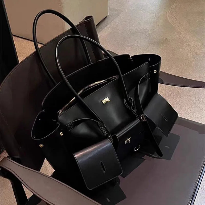 High-quality Soft PU Leather Brand Tote Bag, Lock Design Large-capacity Storage Handbag, Women Commuter Shoulder Bag For Daily