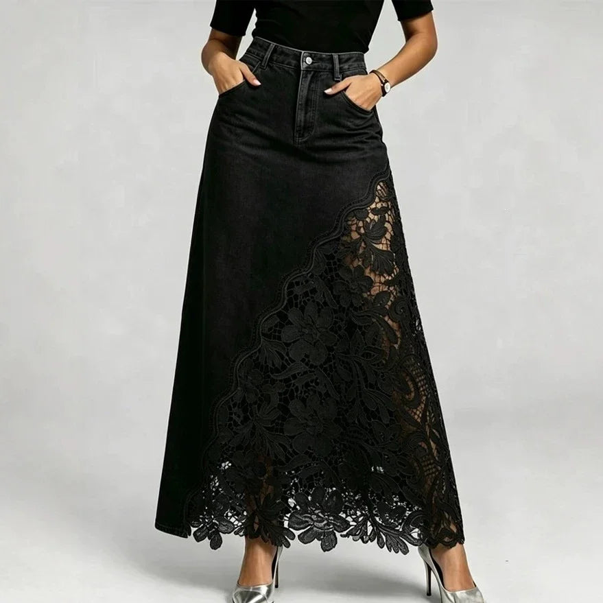 Women Elegant Lace Spliced Denim Skirt High Waist Slim A-line Skirt Washed Denim Wrap Hip Long Skirt All Match Fashion Bottoms
