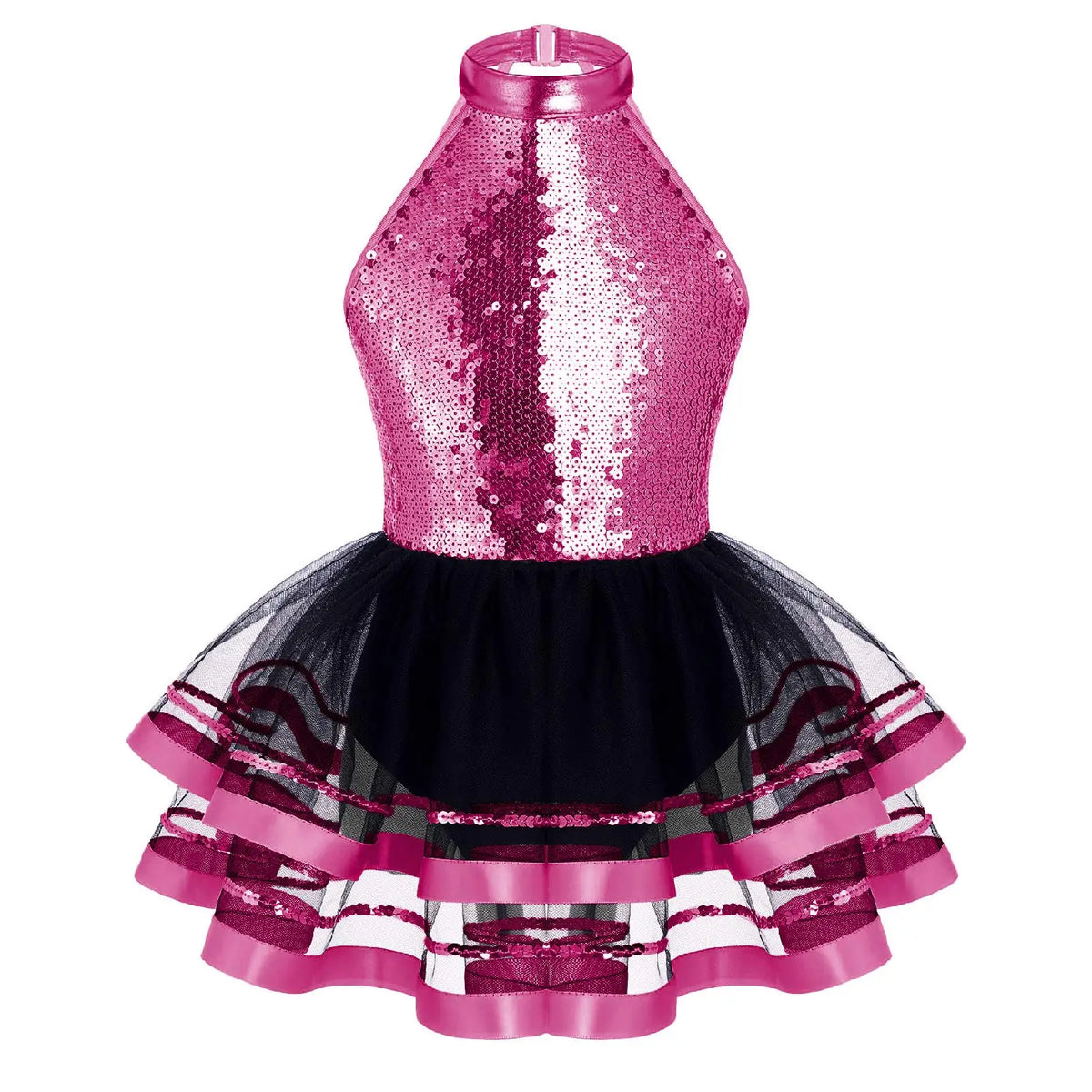 Jazz Dance Costume Kids Halter Shiny Sequins Gymnastics Unitards Dress Girls Ballet Leotard Tutu Stage Performance Clothing