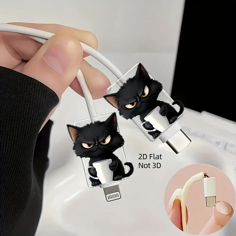 2Pcs 2D Cat Pattern Cable Protector, Anti-Scratch Plastic Cord Sleeve for Type-C Charger Cable, Cute & Durable Design