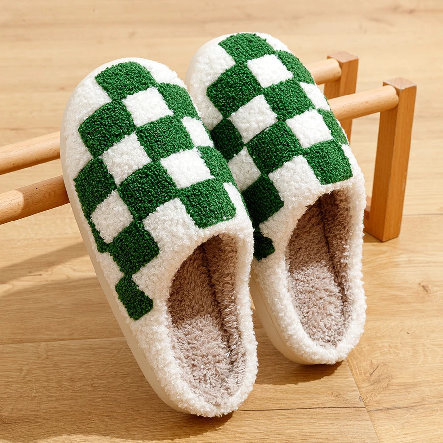 Fashion Retro Checker Women's Winter Warm Home Slippers Couple Indoor Bedroom Plush Anti-slip Soft Sole Leisure Shoes Men