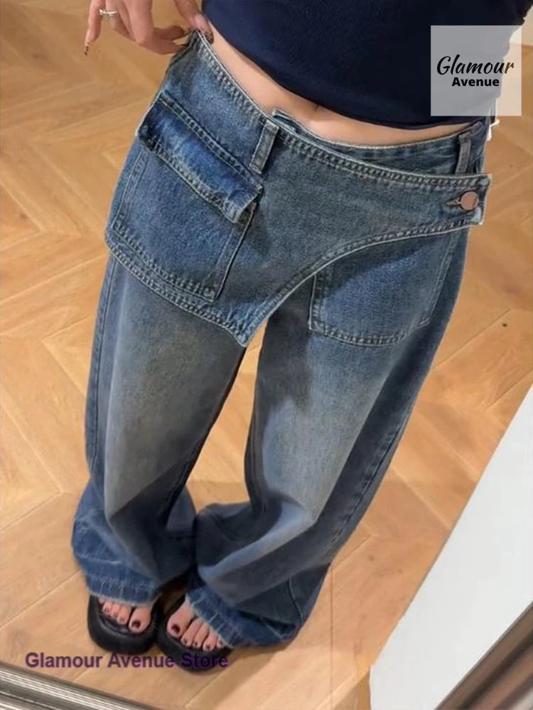 Korean fake two-piece design plus velvet padded straight jeans women's autumn and winter high waist slim wide-leg trousers