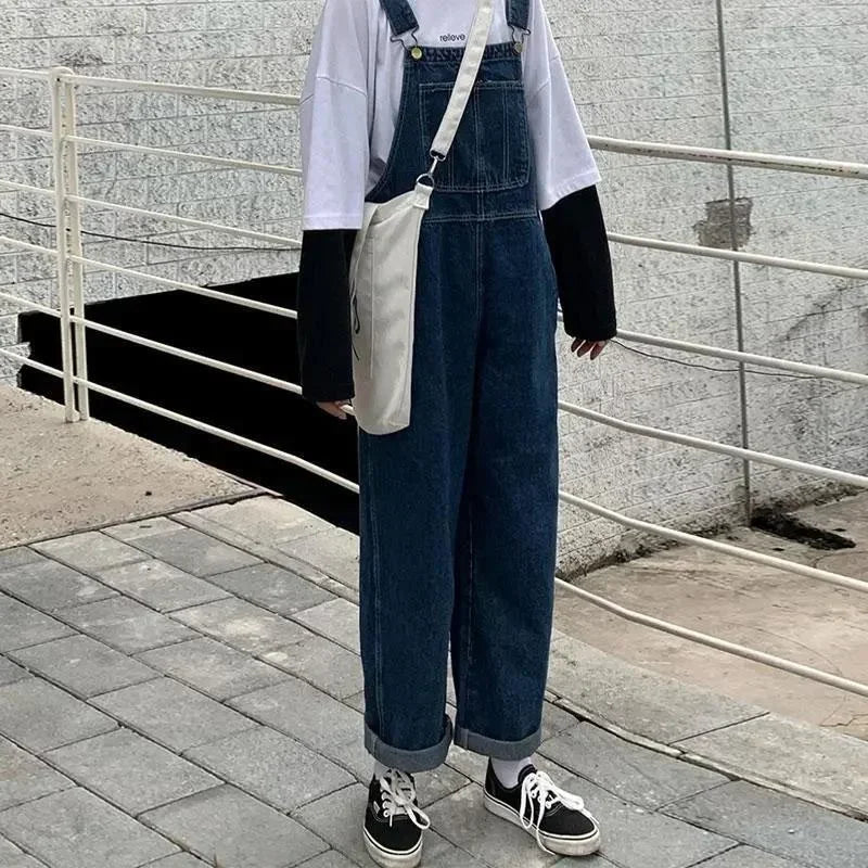 Korean Loose Denim Overalls Women Spring Autumn Straight Wide Leg Jeans Vintage Suspenders Maxi Baggy Jumpsuits Men Woman S-5XL