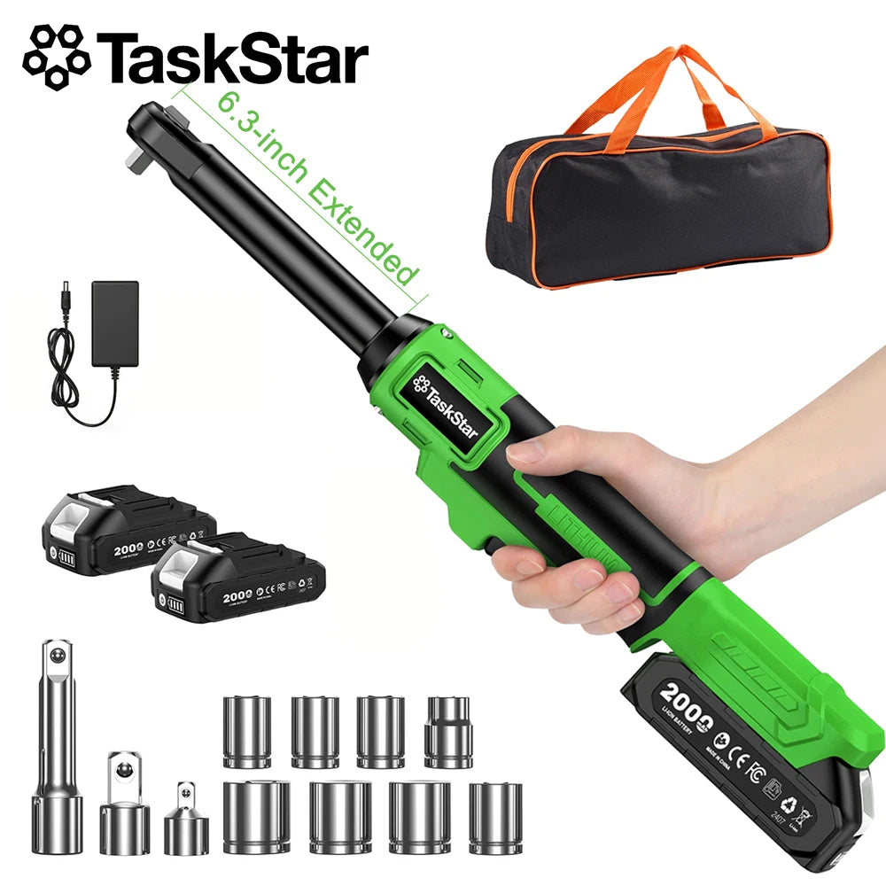 TaskStar 21V Cordless Ratchet Wrench 6.3-inch Extension Bar 70N.m 3/8-inch Electric Wrench with LED Light, 1/4&1/2-inch Adapter, 2 2000mAh Batteries, 8 Sockets, Charger