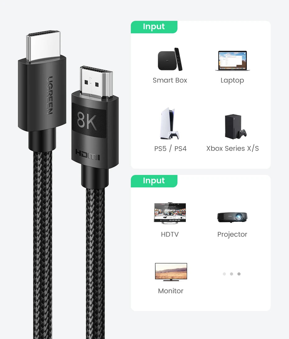 Ugreen HDMI 2.1 Cable Ultra High-speed 8K/60Hz 4K/120Hz for Xiaomi Mi Box PS5 HDMI Splitter Cable HDMI Dolby Vision 48Gbps HDMI
