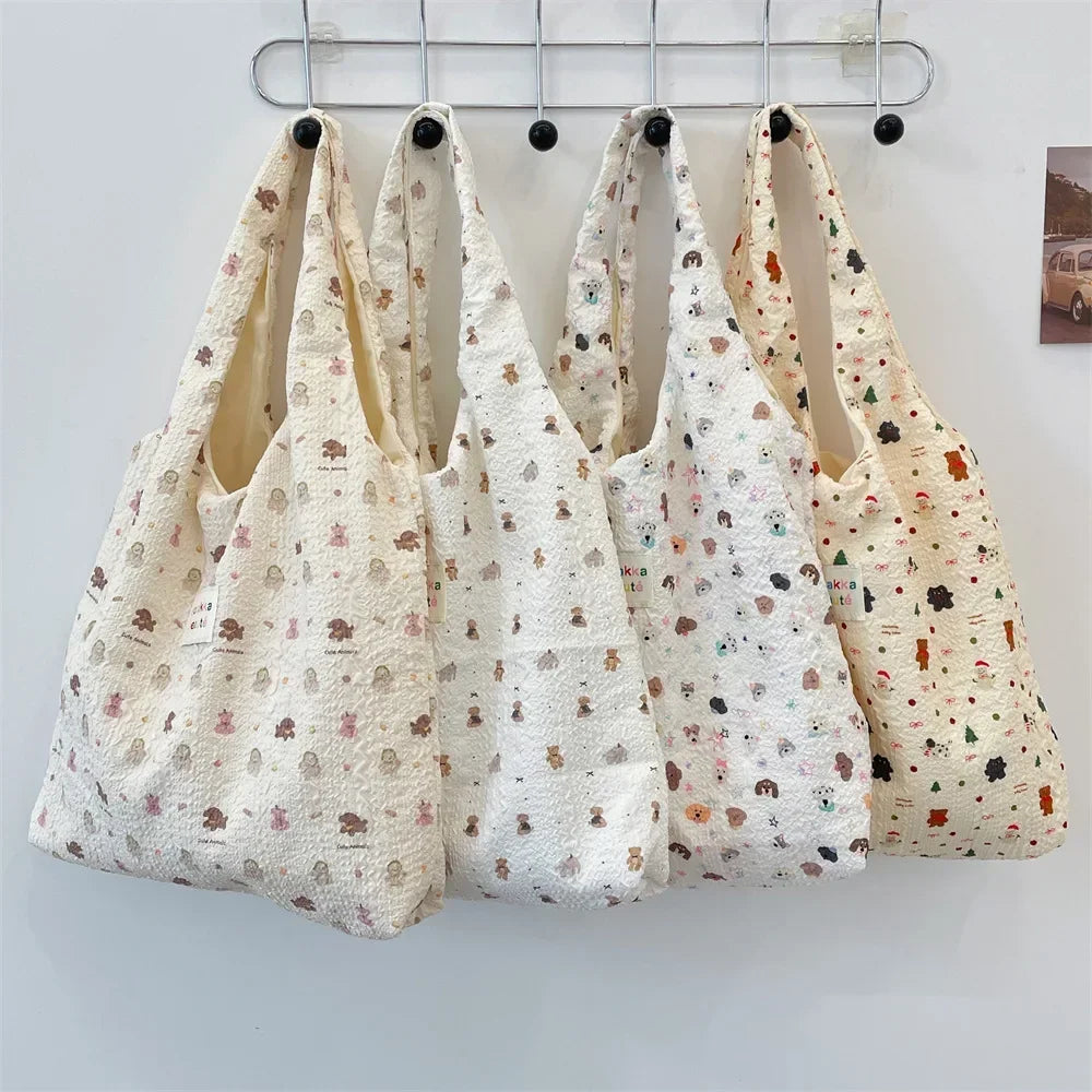 Female Tote Shopping Bag Eco Handbag Reusable Grocery Shopper Purse Korean Women Sweet Cartoon Shoulder Bag Books Pouch