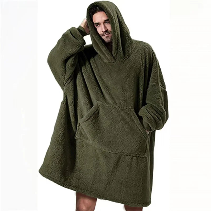 Autumn Winter Men Women Double Sided Velvet Hoodie Thick Coat Can Wear Blanket Couple's New Home Loose Hooded For Male Clothes