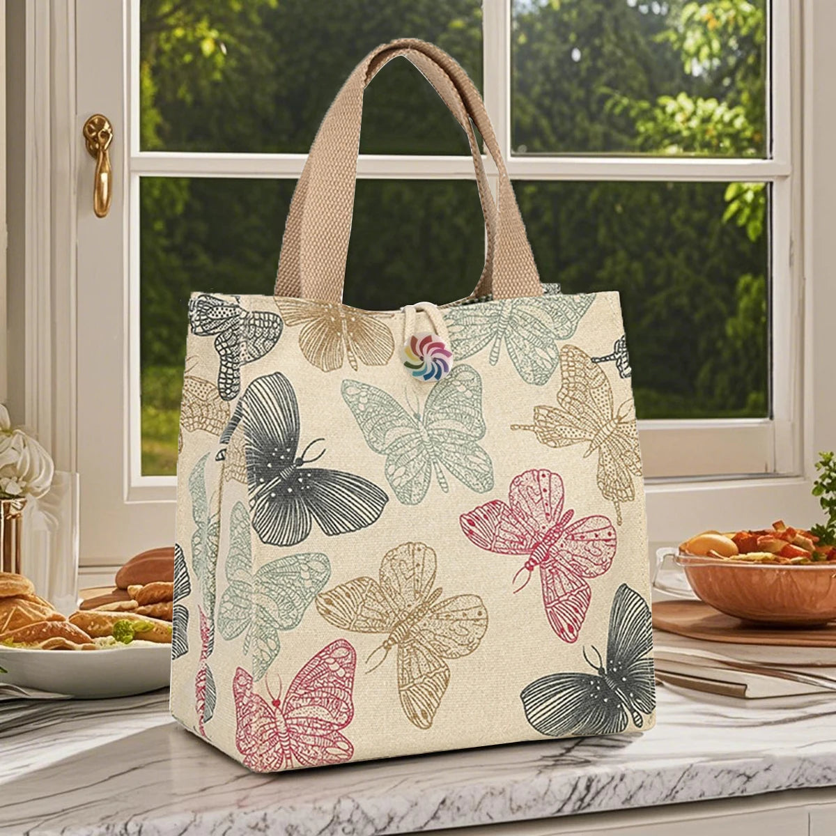 White Canvas Fashion Delicate Random Butterfly Print Portable Bento Bag Fashion Handbag Tote Bag One Pack