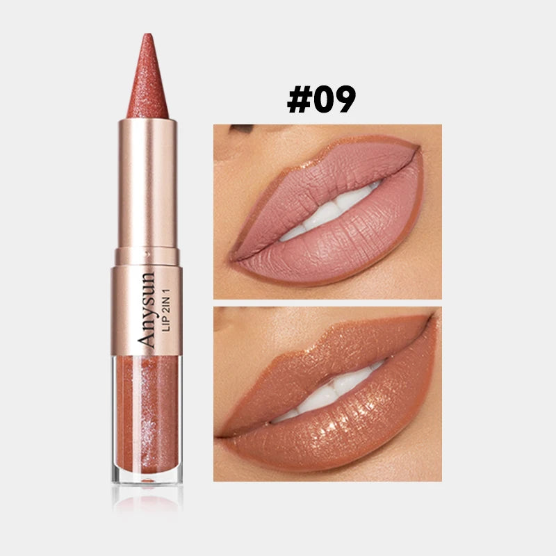 Double Head 2-in-1 Lip liner+Lip Gloss Waterproof and Durable Fine Shiny Mirror Gloss