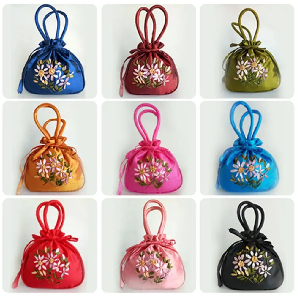 Retro Elegant Satin Silk Embroidery Totes for Women Floral Drawstring Handbag Hanfu Woman Purse Wallet Small Tote Bags