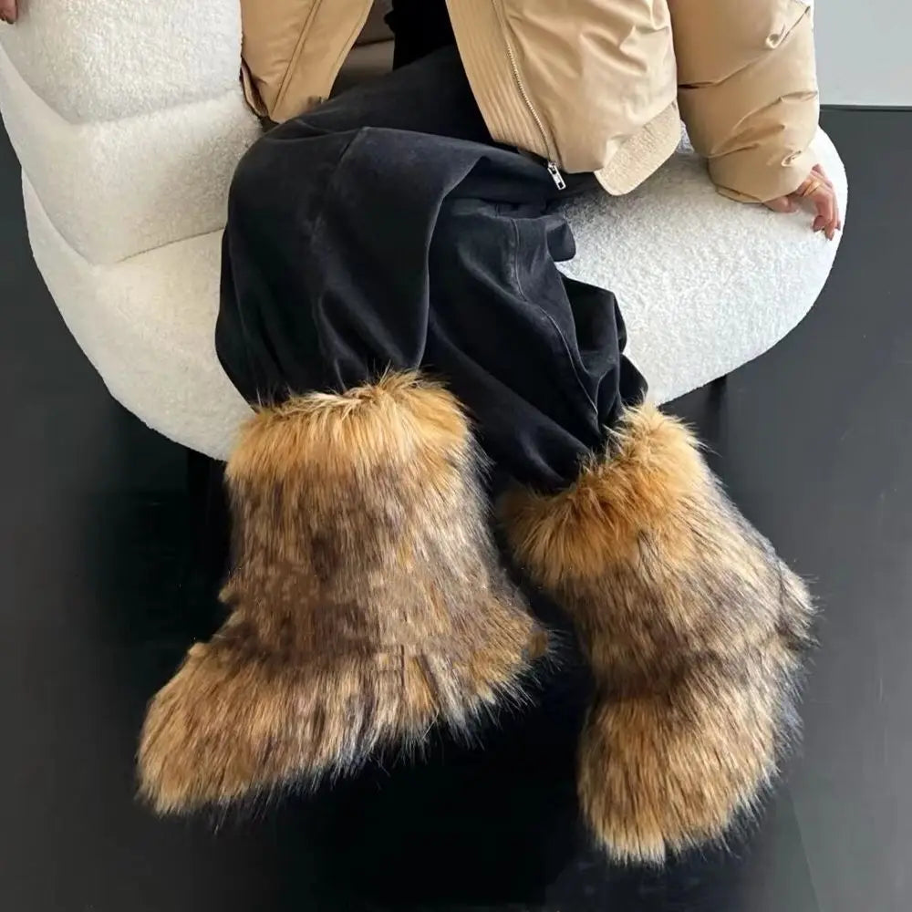 Women's Winter Snow Boots Outdoor Luxury Furry Faux Fox Fur Boots Woman Plush Warm Platform Shoes New Fashion Bottes Big Size 46