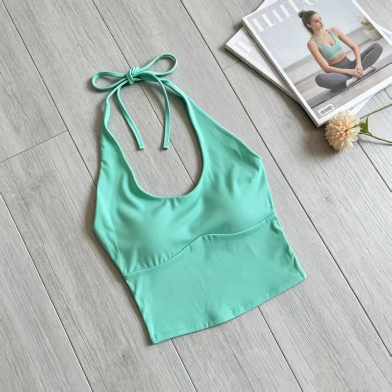 Women Halter Tie‑Up U‑Neck Yoga Sports Top Stylish Design Breathable Comfortable Integrated Fixed Cup Cropped Tank Top Fitness