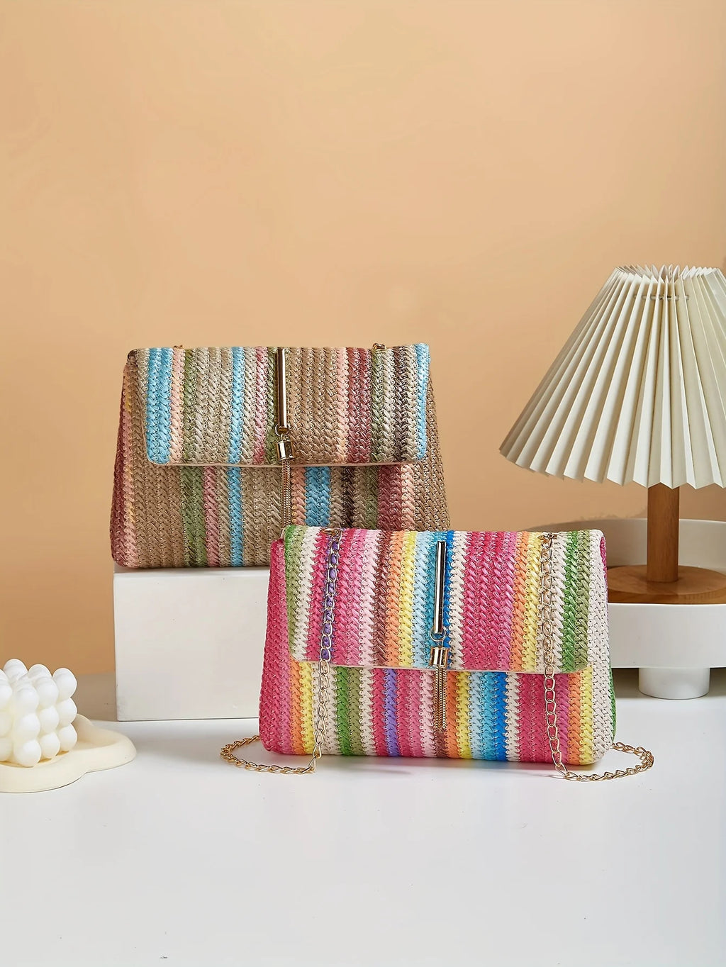 Chic Rainbow Stripe Straw Crossbody Bag for Women Adjustable Shoulder Strap Magnetic Closure Tassel Accent, Fashion Square Purse