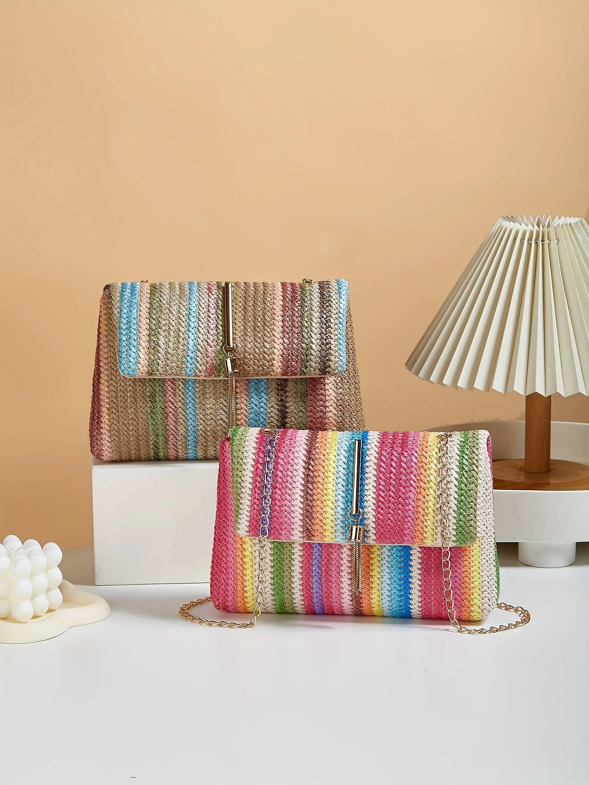 Chic Rainbow Stripe Straw Crossbody Bag for Women Adjustable Shoulder Strap Magnetic Closure Tassel Accent, Fashion Square Purse