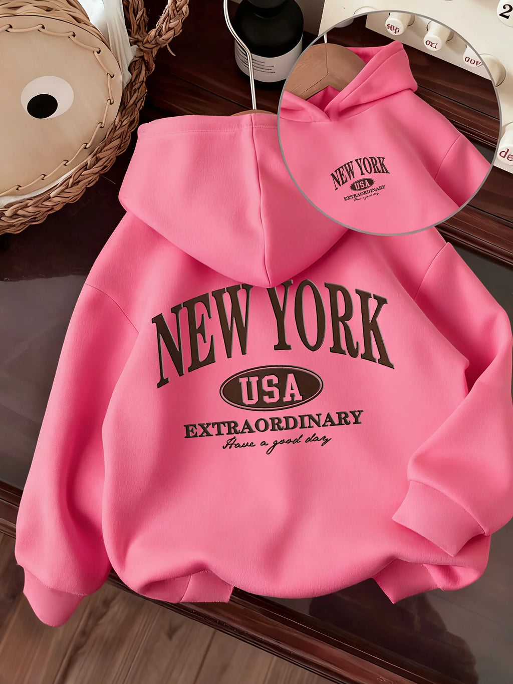 New American-style children's hoodie with New York print and American oval logoPerfect for fall/winter Christmas gifts for kids.