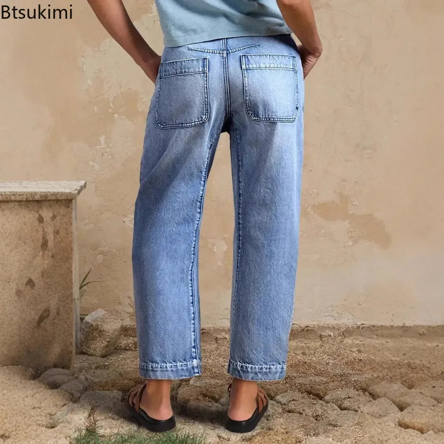 New Women High Waist Loose Straight‑Leg Cropped Jeans Washed Vintage Denim Ankle Pants Casual Daily Streetwear Denim Trousers