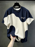 New Summer Men's Chicago Script Letter T-Shirt Asymmetrical Color-Block Vertical Stripes Crew Neck Casual Short-Sleeve Top