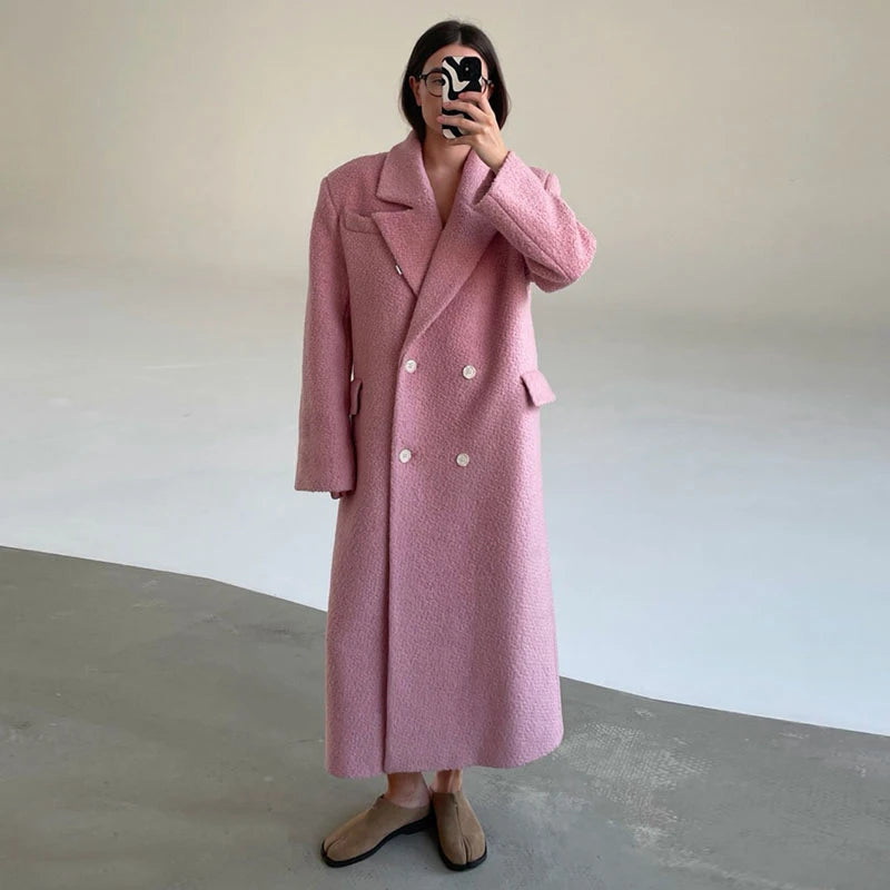 Elegant Women's Woolen Overcoat Solid Lapel Double Breasted Full Sleeve Long Coat 2026 Autumn Winter Fashion Lady Outwear