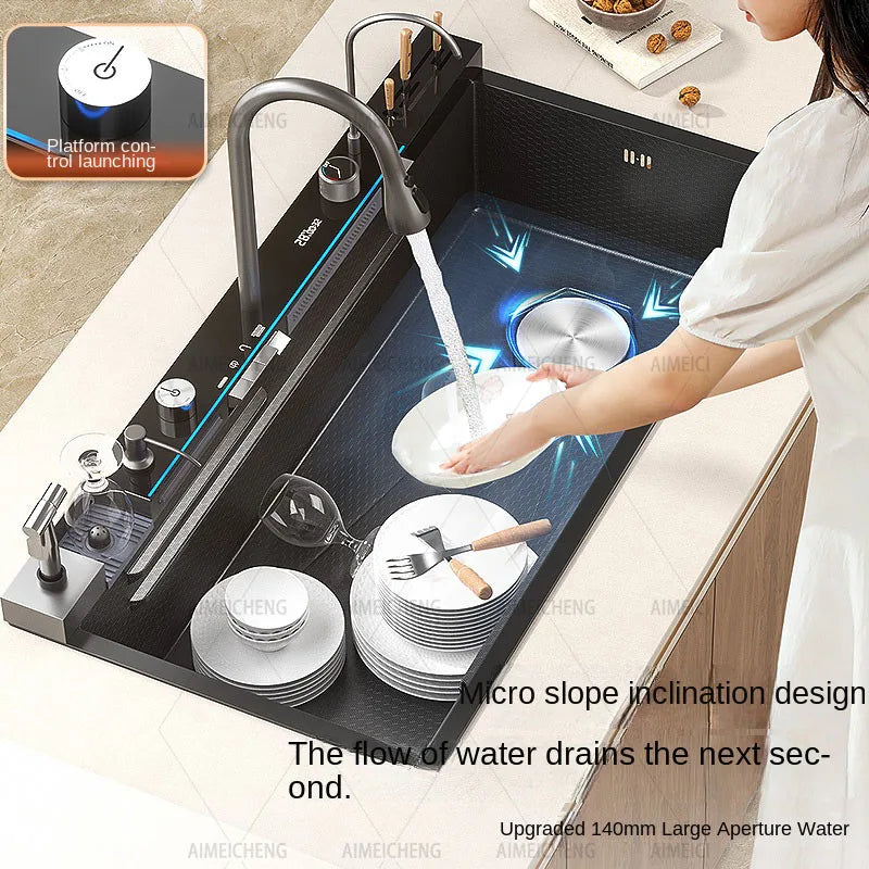 2026 Tiktok Newest Design 30 Inch Waterfall Faucet Black Bionic Honeycomb 304 Stainless Steel Big Single Bowl Kitchen Sink