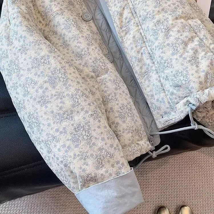 Blue Printed Stand Up Collar Cotton Jacket For Women's Winter 2024 New Casual Loose Korean Version Sweet Warm Cotton Jacket
