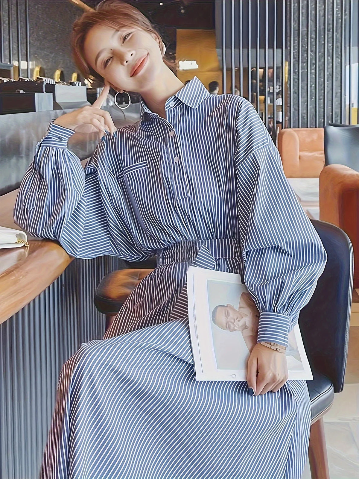 2025 New! Women's Blue - White Stripe Shirt Dress, Ideal for Spring & Fall. Slimming with Cinched Waist, High - end Long Dress
