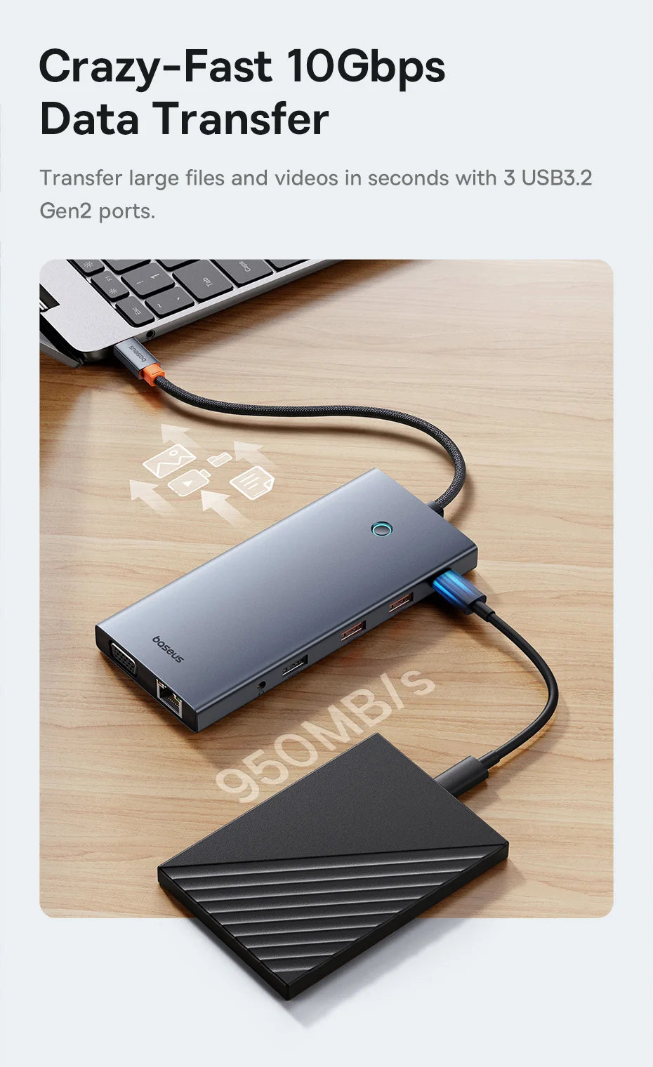 Baseus 13-in-1 USB C HUB to 2*HDMI 1*DP 4K@60Hz 1*VGA Quadruple Display USB 3.2 Adapter with RJ45 SD TF 3.5mm PD 100W Type C Hub