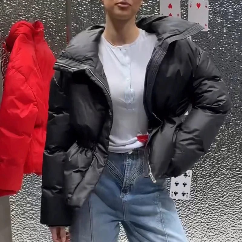 Casual Women's Waist Cinched Padded Cotton Coats Stand Collar Zipper Full Sleeve Coat 2026 Autumn Winter Lady Down Jacket New