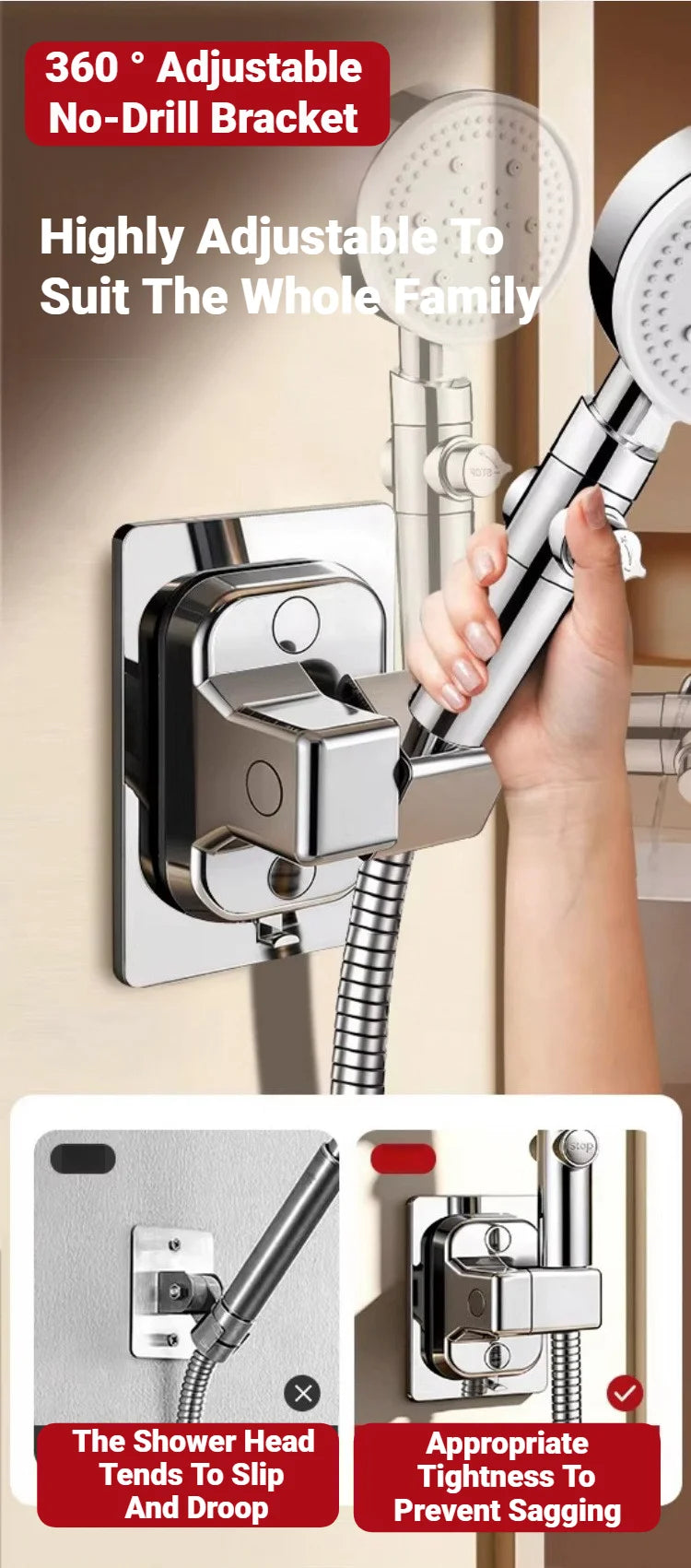 Self Adhesive Wall Mount Shower Head Holder Rotatable Adjustable Handheld Bracket Bathroom Accessory