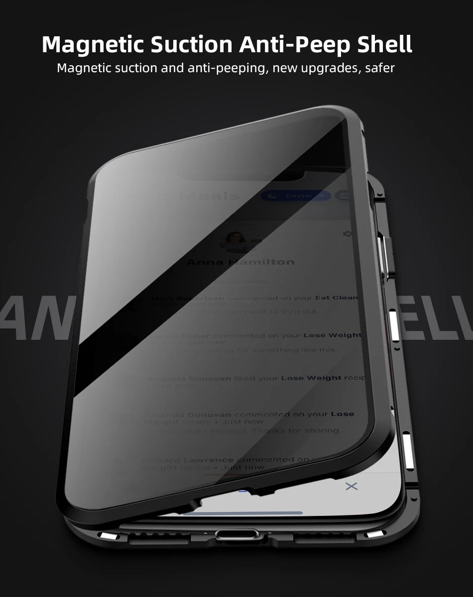 Magnetic Tempered Glass Privacy Metal Case For iphone 18 17 16 15 14 13 12 XR 11 ProMAX 16 E 360 Magnet Antispy Protective Cover