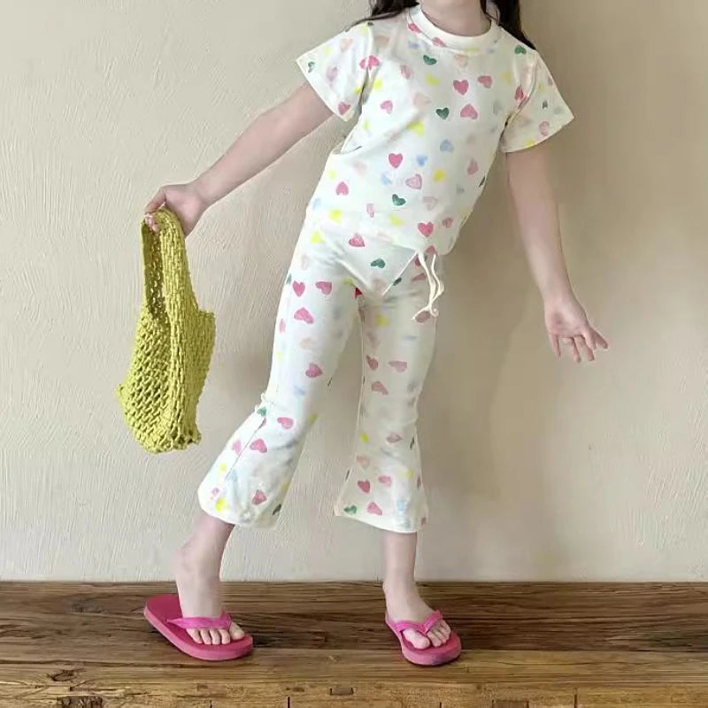 Girls' Short-Sleeved T-Shirt 2025 New Summer Clothing for Small and Medium-Sized Children, Baby Children's Clothing Tops, Striped Suit, Casual Two-Piece Set